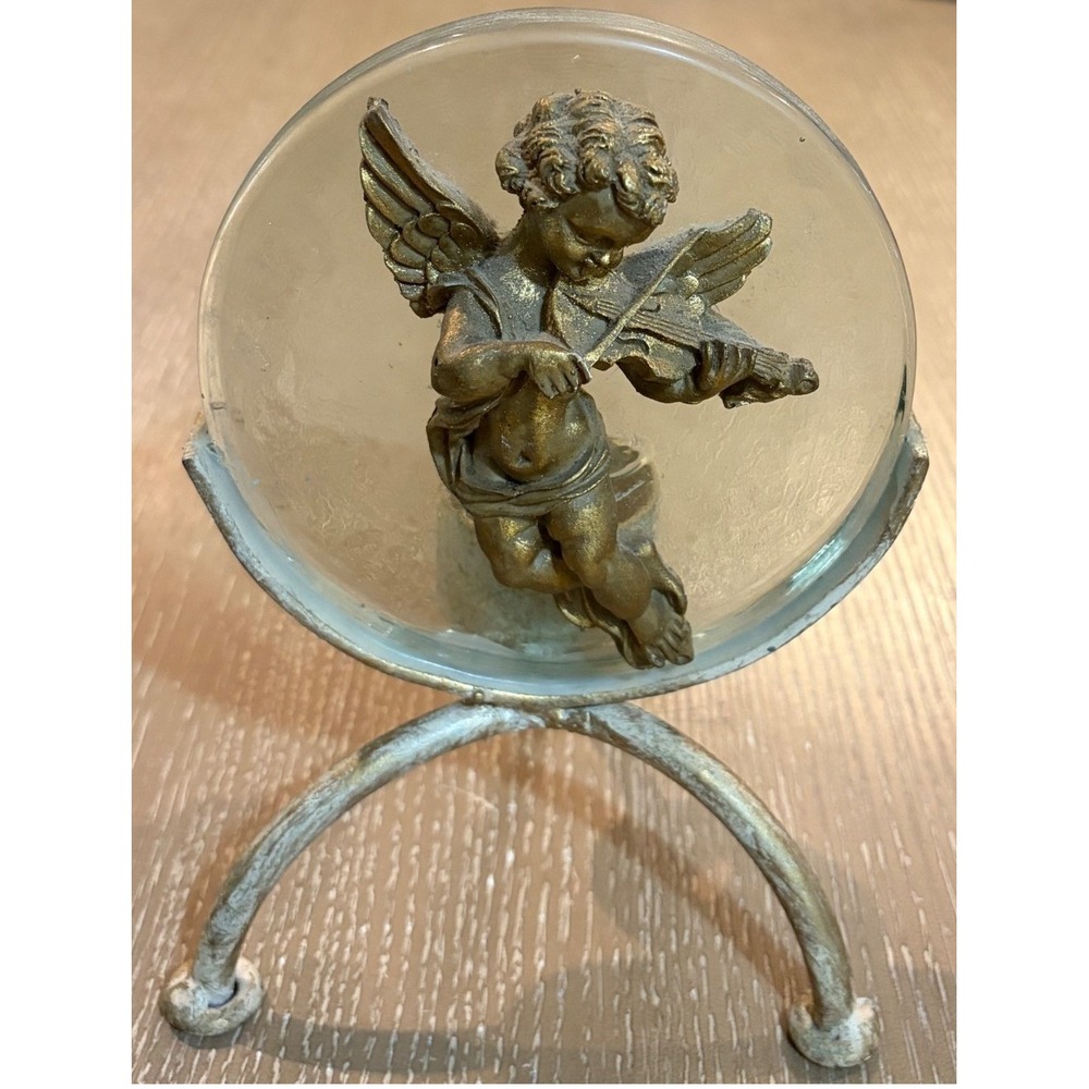 Vintage Cherub Angel Violin Glass Candle Holder Brass Tone Metal Pedestal Decor
